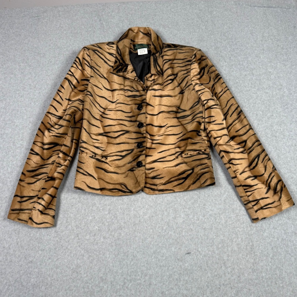 Vintage 90s Harve Benard Petites Tiger Print Faux Fur Mob Wife Jacket Size 8P